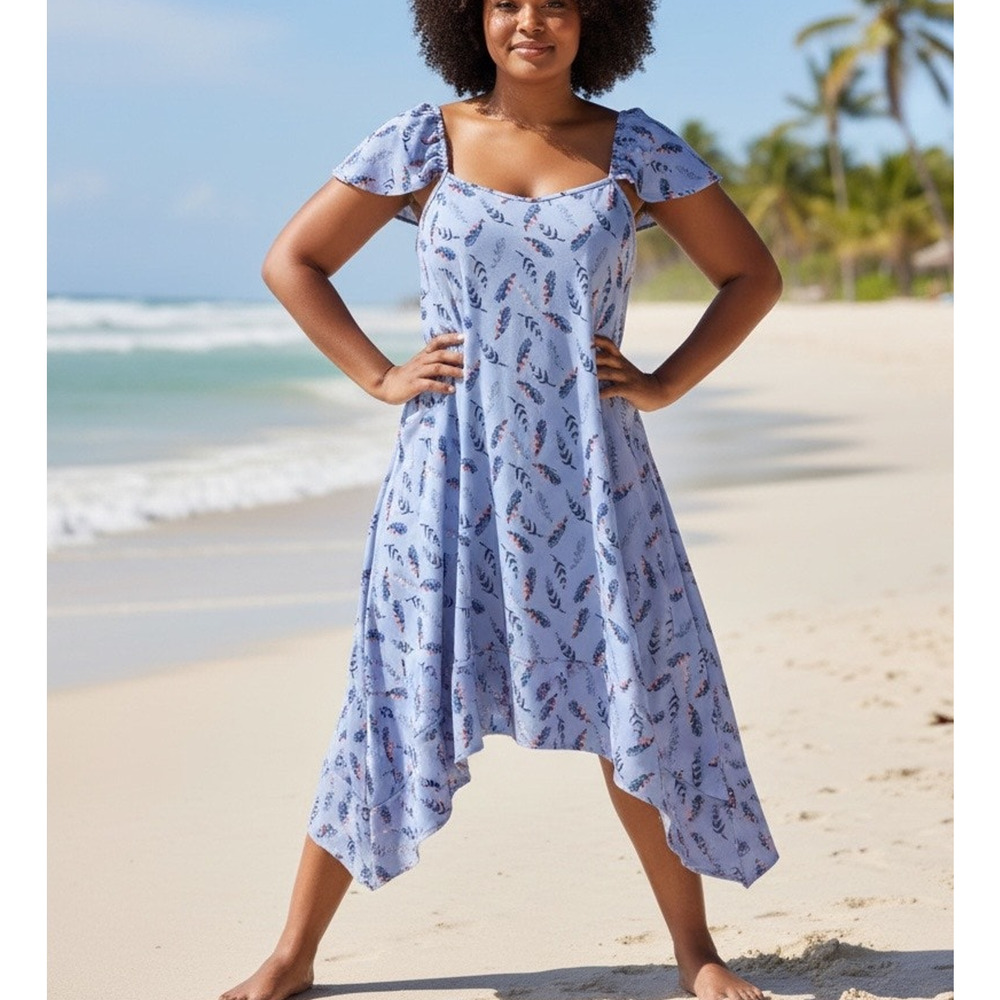 Lost Ink Purple Feather Swing Midi Dress 1X Trapeze Sundress Whimsical Vacation